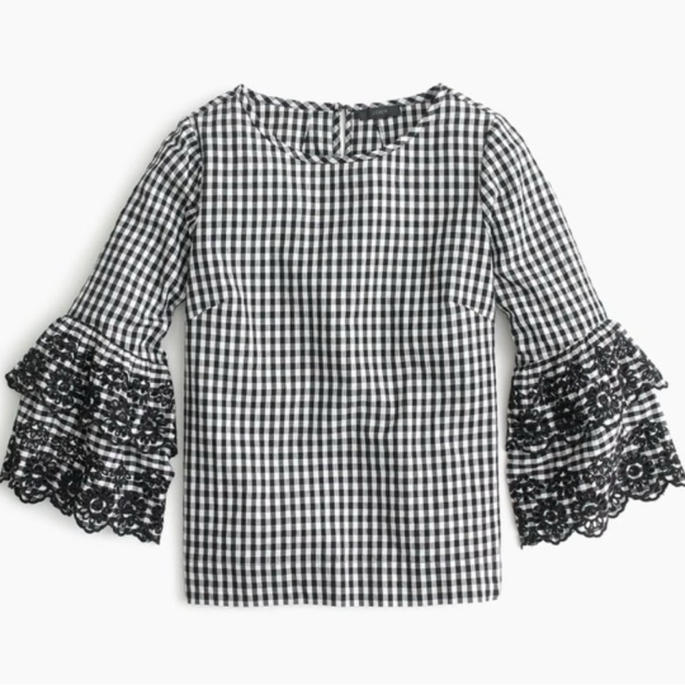 J. Crew Black and White Gingham Bell Sleeve Blouse with Lace Trim
